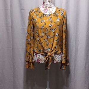 Self Esteem Mustard Round Neck Floral Blouse‎ Sz M
